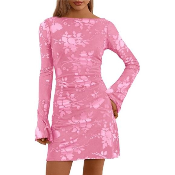 Women's Fashion Floral Long Sleeve Mini Dress Pink - Picture 1 of 6